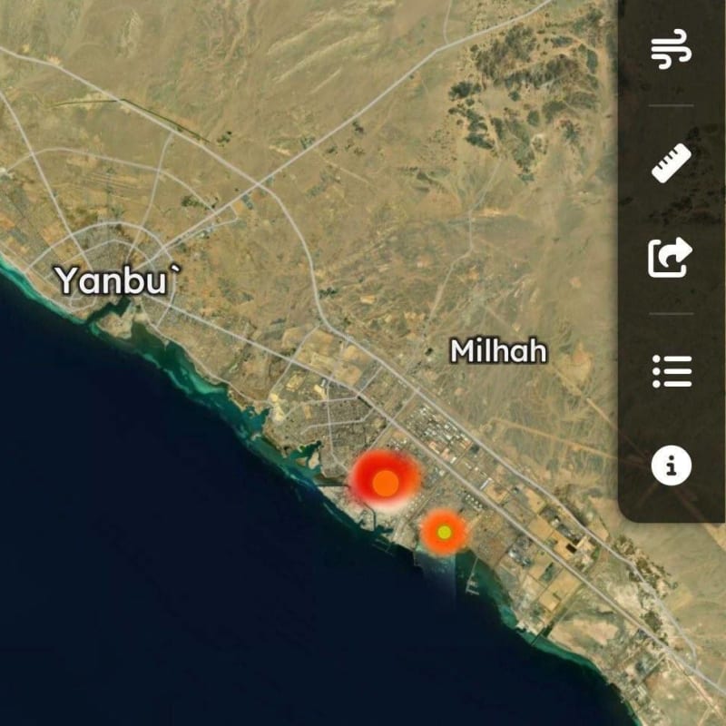 Satellite map view of Yanbu and Milhah area in Saudi Arabia showing two heat map markers or incident points along the coastline near industrial facilities.