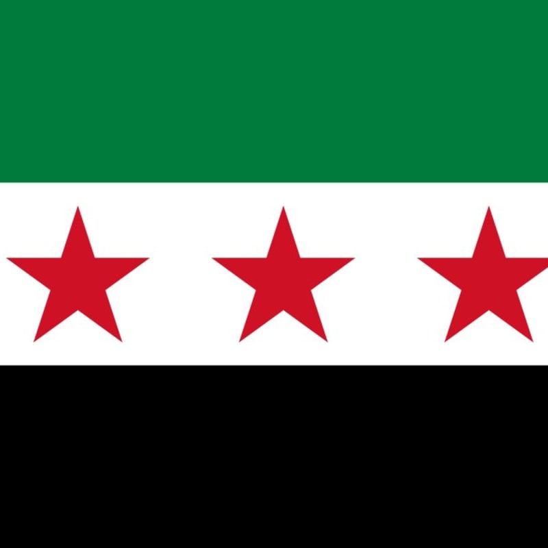 The Syrian independence flag (also used by the Syrian opposition), featuring horizontal green, white, and black stripes with three red stars on the white stripe.