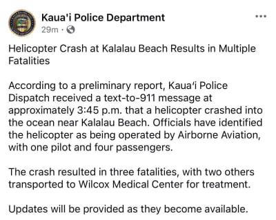 Helicopter Crash Kills 3 in Kauai