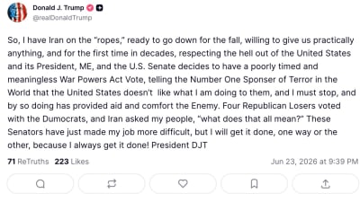 Trump Criticizes Senate War Powers Vote