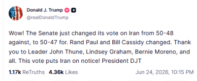 Trump Hails Senate Vote Shift on Iran