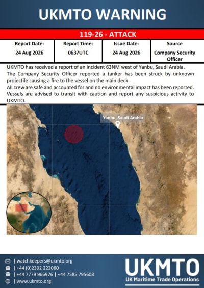 Tanker Struck by Projectile Near Yanbu