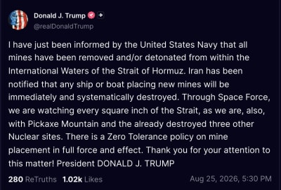 Trump: Hormuz Mines Cleared by Navy