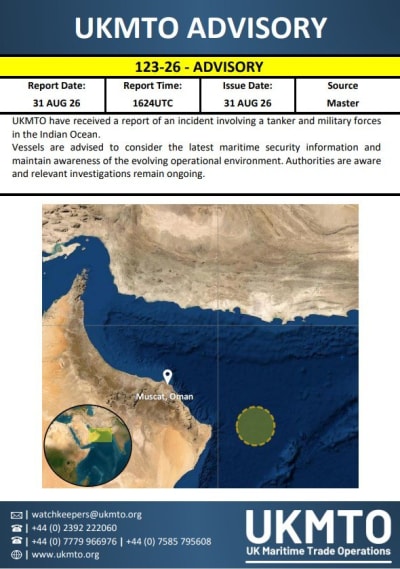 UKMTO Reports Tanker Incident in Indian Ocean