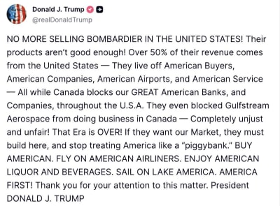 Trump Calls to Ban Bombardier Sales