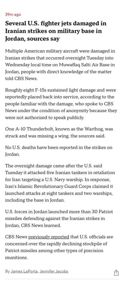 US Aircraft Damaged in Jordan Strikes