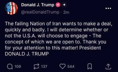 Trump Says Iran Seeks Deal With U.S.