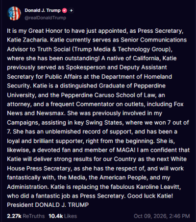 Trump Names Katie Zacharia Press Secretary