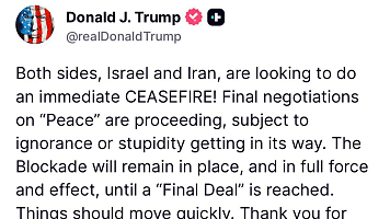 Trump Says Israel-Iran Ceasefire Near