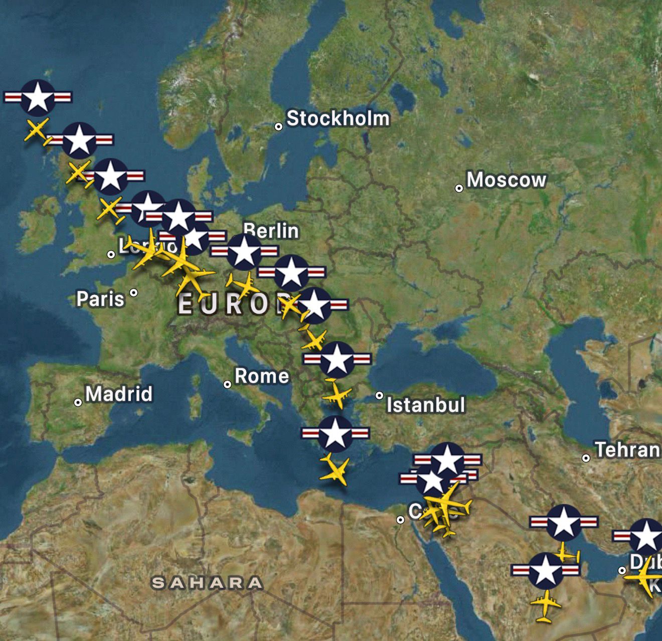 U.S. Air Force airbridge to the Middle East — flight paths from CONUS through Europe to the Persian Gulf
