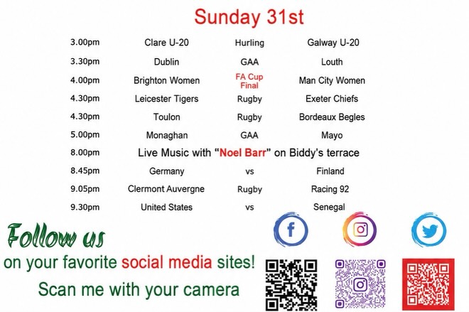 This week's sports fixtures at Biddy Mulligan's