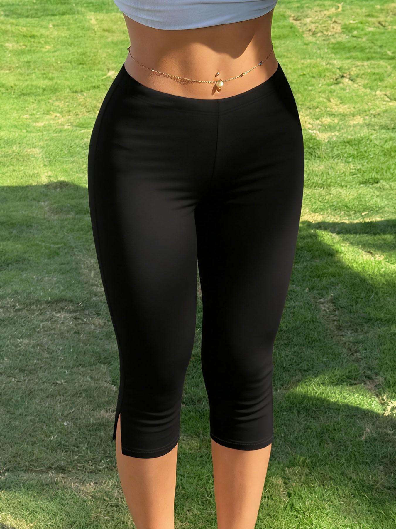 Women's Y2K Street Style Black Slim-fit Cropped Pants, Side Slit Design Sports Pants, Suitable for Fitness