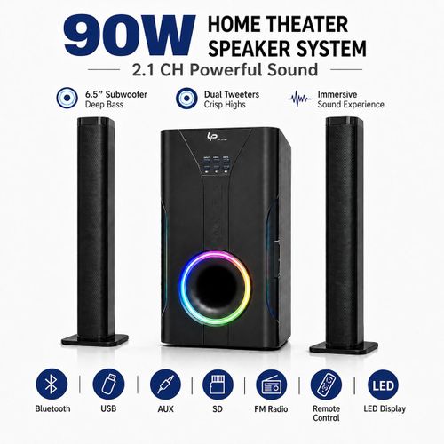 LP LP-XY6A 90W High Power 2.1 Channel Soundbar Home Speaker System, Detachable with 6.5" Subwoofer & Tweeter Units, Bluetooth, AUX, LED Display,Black