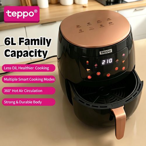 teppo 6L Digital Air Fryer Green, 1400W Touch Screen Oil-Free Smart Oven, Non-Stick Basket for Whole Chicken Bake Fry Grill (Black))