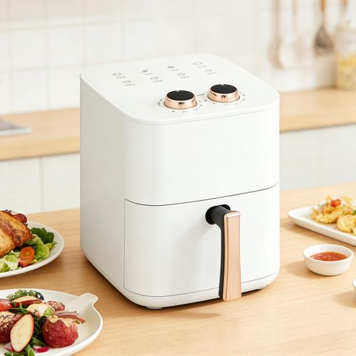 6.5L air fryer, dual knobs with timer, large capacity and high power, white.