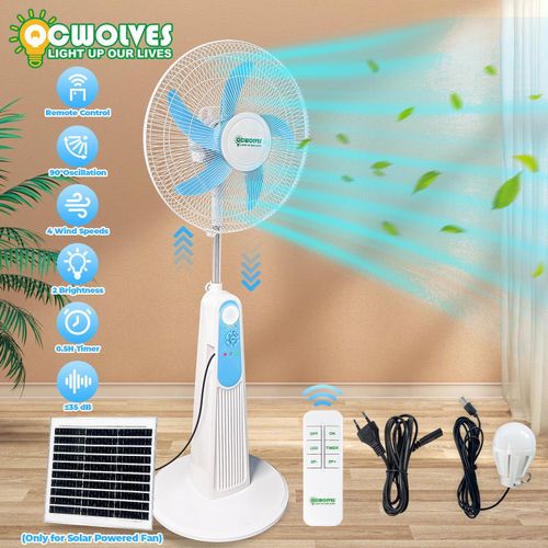 QCWOLVES 16 Inch Standing Fan, Rechargeable Pedestal Fan with LED Light Night, 4 Speeds, Wide-Angled Oscillation, Remote Control, Powerful Airflow, Adjustable Height, Floor Fan for Bedroom, White