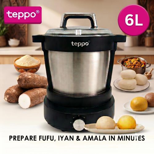 teppo 6L Electric Swallow Maker & Food Processor, Automatic Yam Pounder Machine for Fufu, Eba, Amala, Banku & Kuli Kuli (Silver)