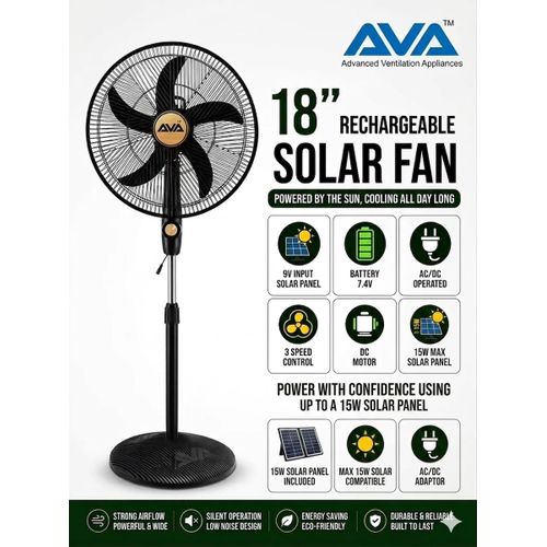 Ava Super solar Rechargeable standing Fan + 12 Months Warranty FREE¨Panel & FREE GIFT INSIDE