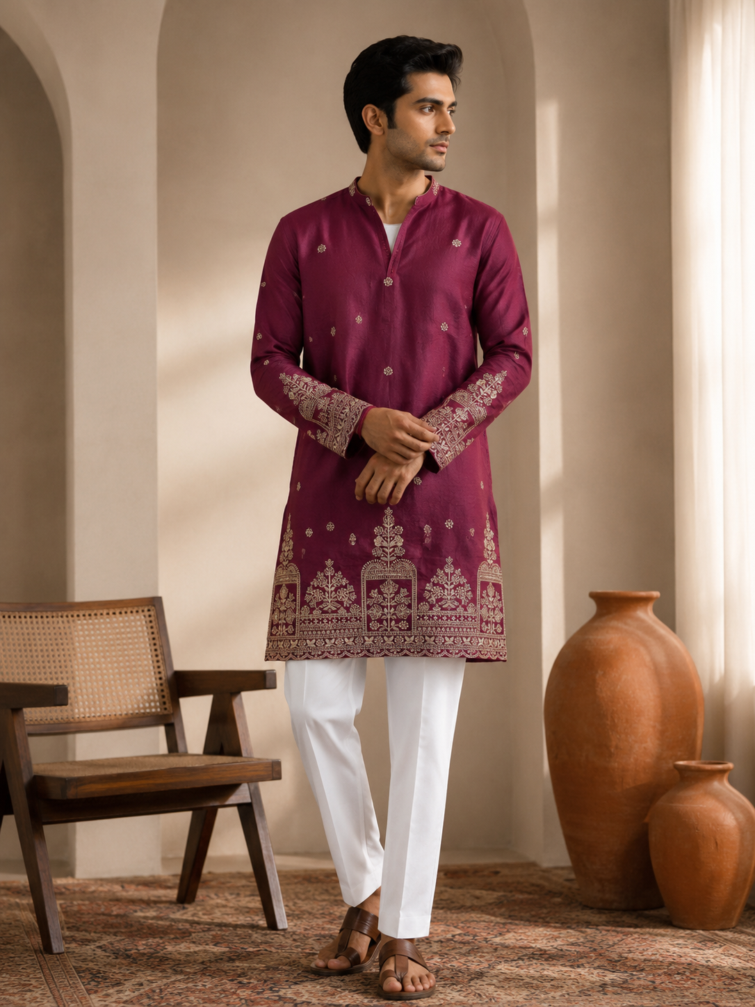 DWAARIK Crimson Royale Embroidered V-Neck Kurta