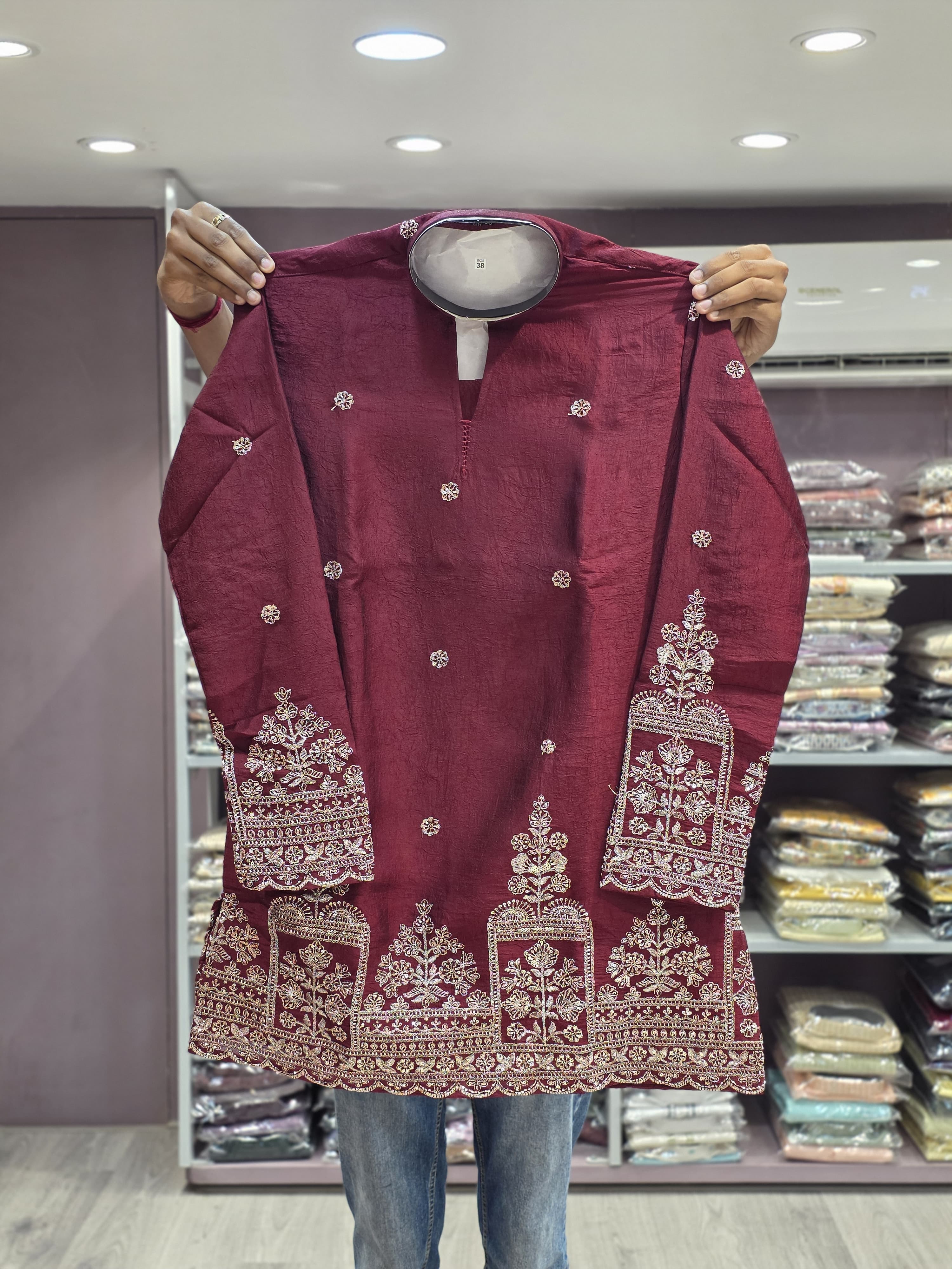 DWAARIK Crimson Royale Embroidered V-Neck Kurta - 2