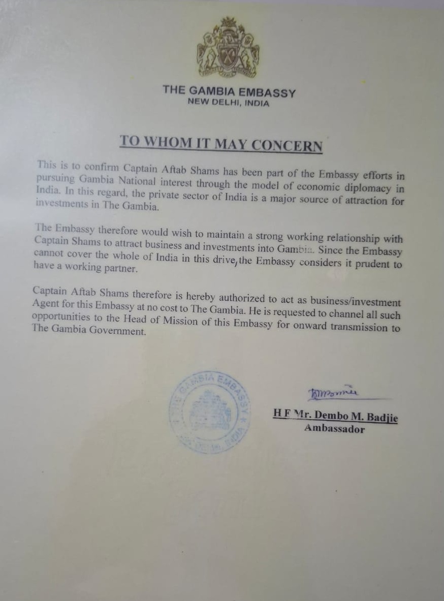 The Gambia Embassy Certificate awarded to Capt. Aftab Shams