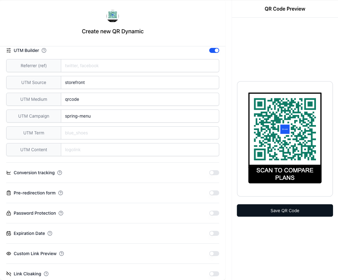 The CodeQR editor showing the UTM builder alongside password protection, expiration dates and link cloaking