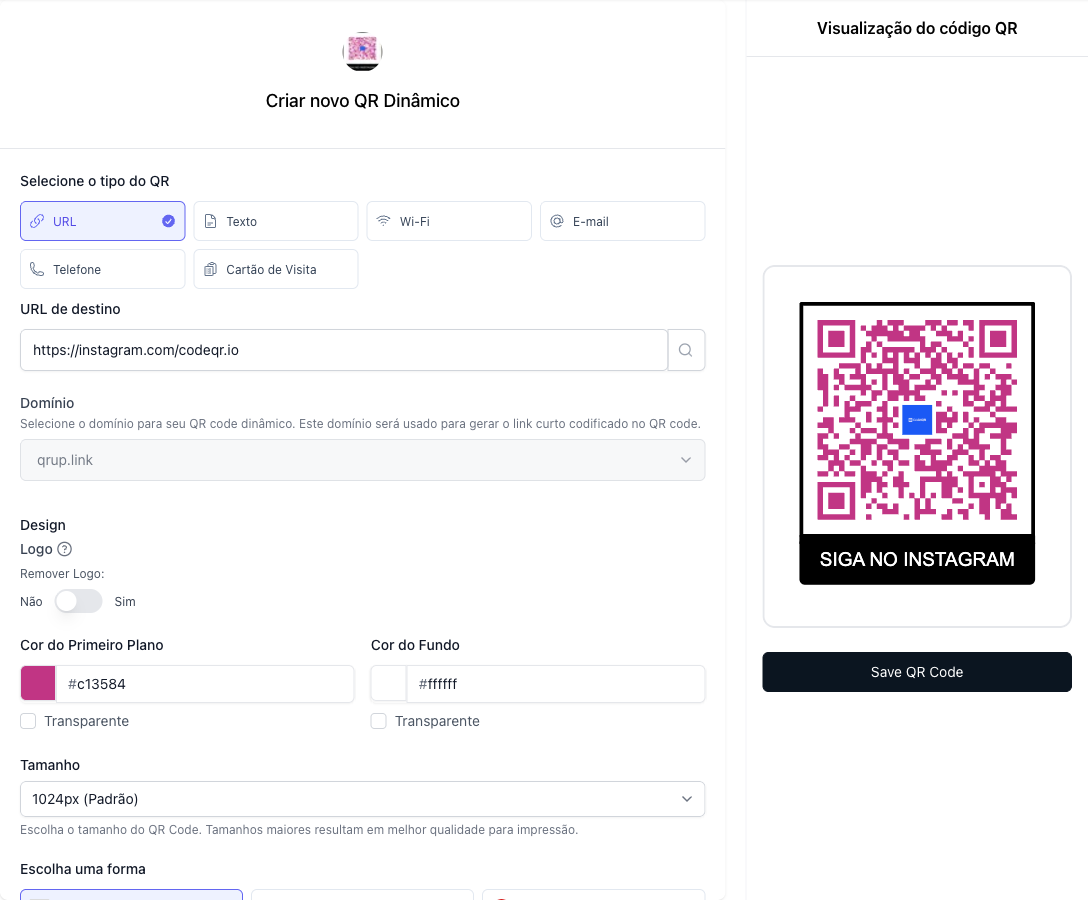 Editor de QR code do CodeQR com um perfil do Instagram no campo de destino e a moldura "Siga no Instagram"