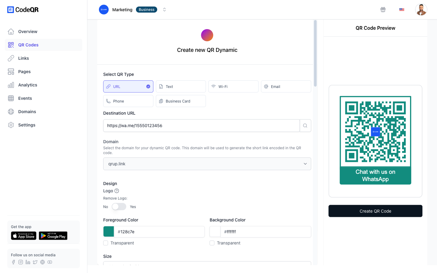 The CodeQR QR code editor with a wa.me link in the destination field, the brand color applied to the code, and a live preview showing the frame text "Chat with us on WhatsApp" under the code