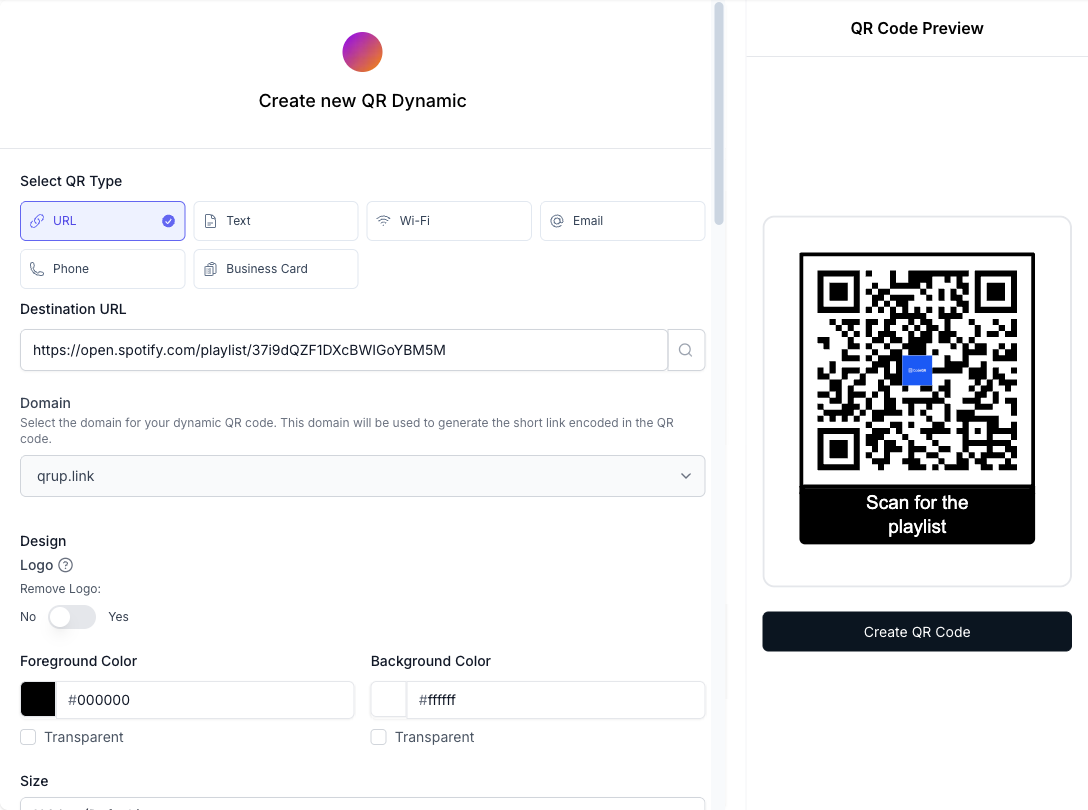 The CodeQR editor with a Spotify playlist URL as the dynamic destination and the live preview of a standard QR code framed "Scan for the playlist" — scannable by any phone camera