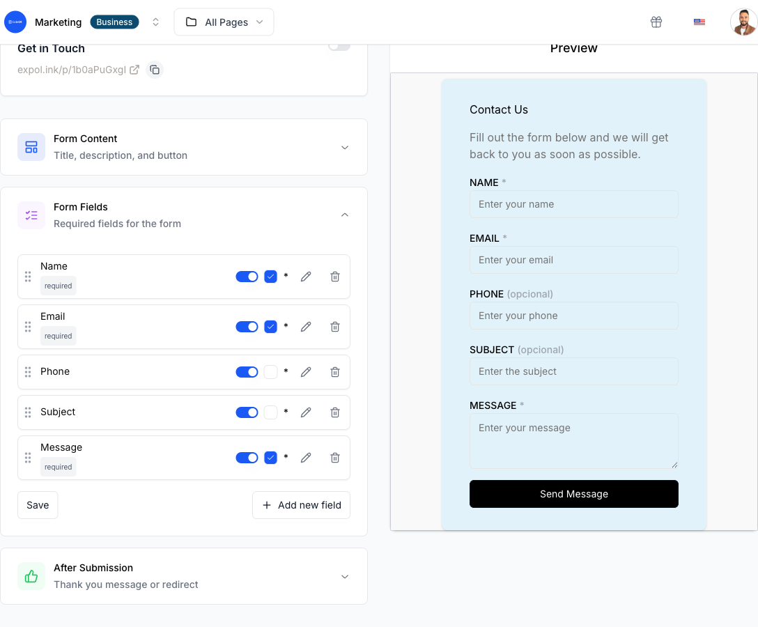 The CodeQR contact Page form editor: Name, Email, Phone, Subject and Message fields with required toggles and an Add new field button, next to the live preview of the lead form
