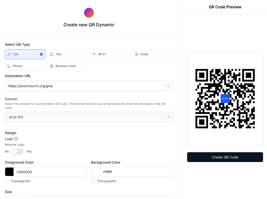 The CodeQR editor with a giving-page URL as the dynamic destination — the qrup.link short-link domain means the printed code keeps working even if the organization changes giving platforms