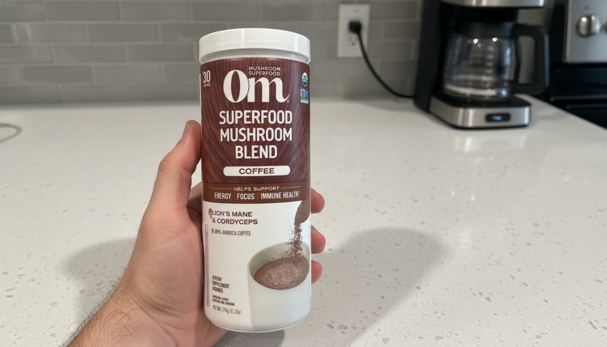 OM Mushroom Superfood Instant Coffee in use