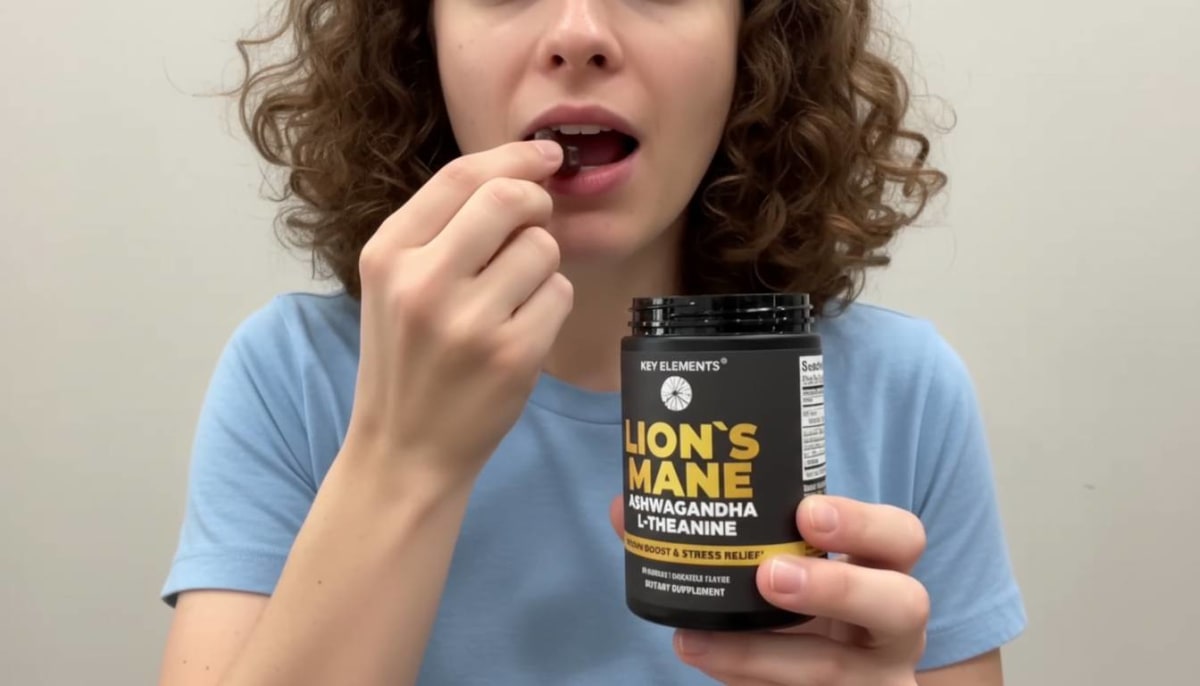 KEY ELEMENTS lion's mane gummy bottle with tropical pineapple flavor label