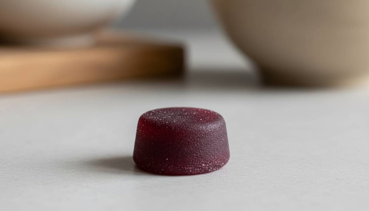 Close-up of dark cherry sleep gummy