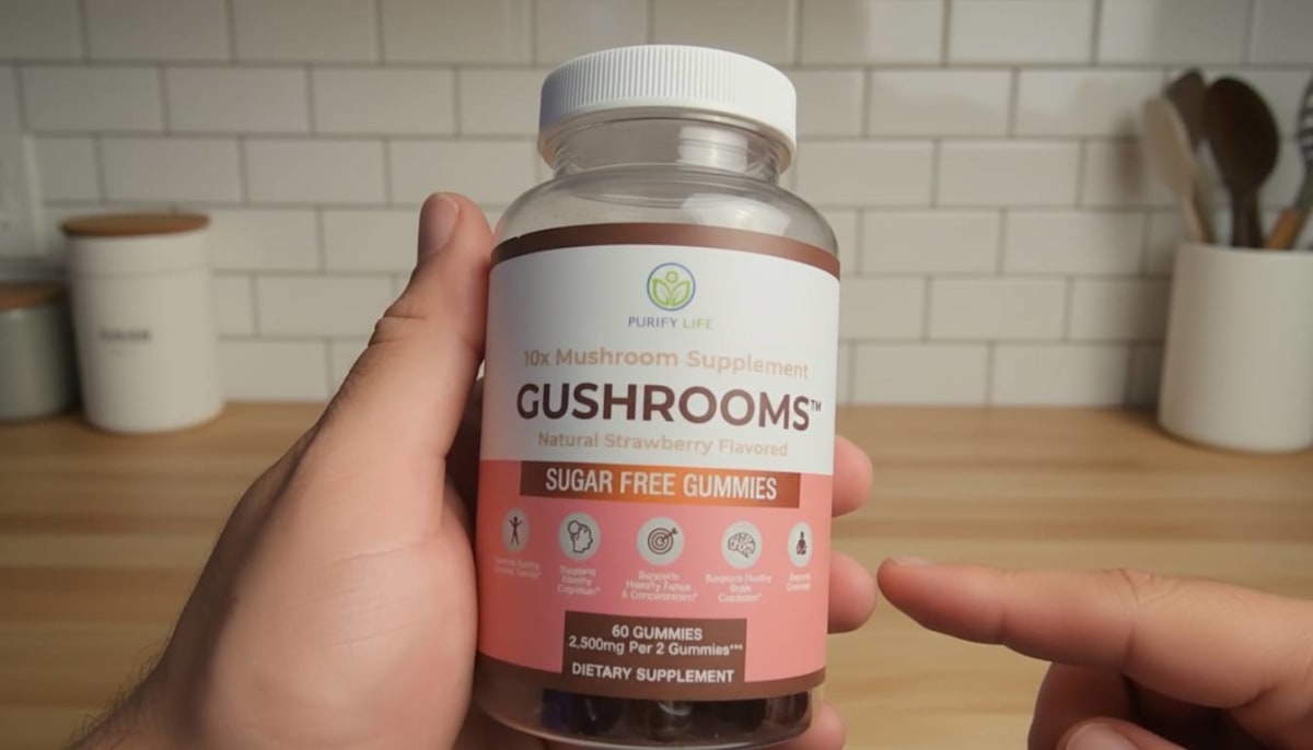 Purify Life Sugar-Free Mushroom Gummies jar on nightstand