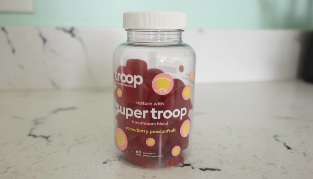Troop Super 6 Mushroom Gummies jar with six species blend