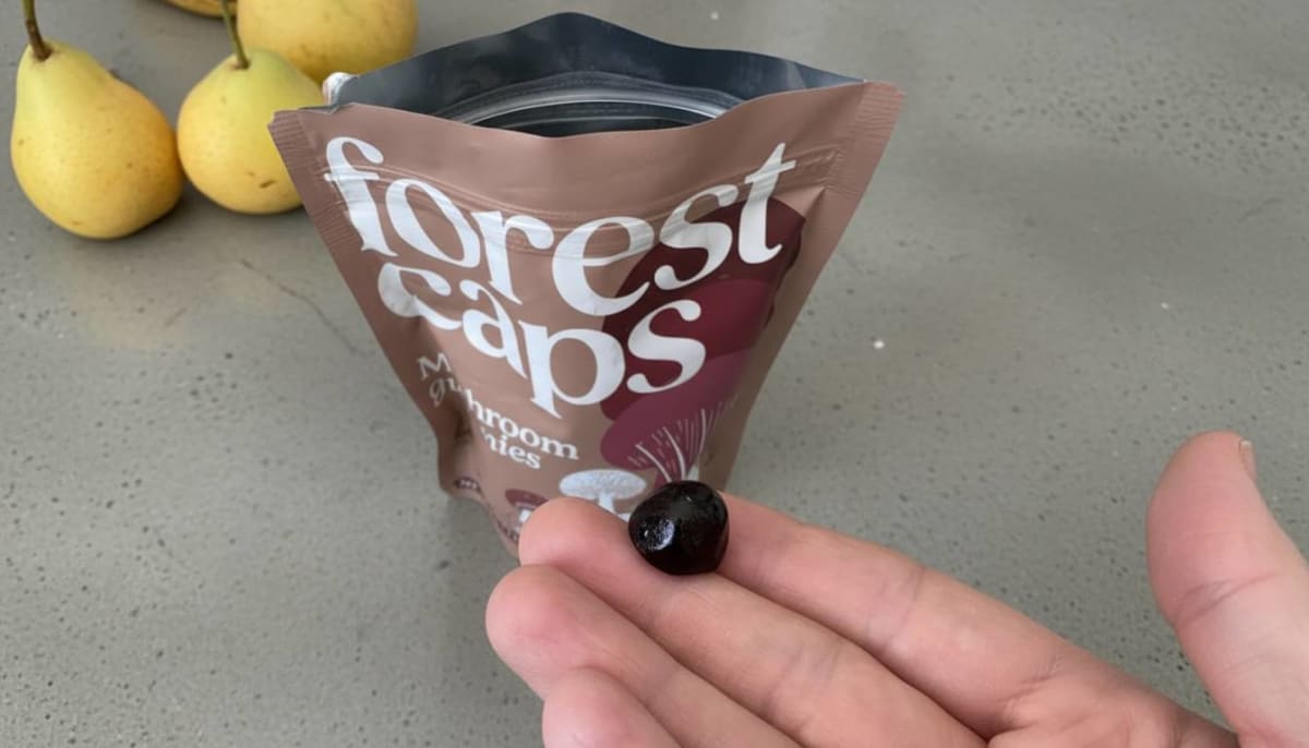 Forest Caps Mushroom Gummies jar with reishi lion's mane cordyceps blend