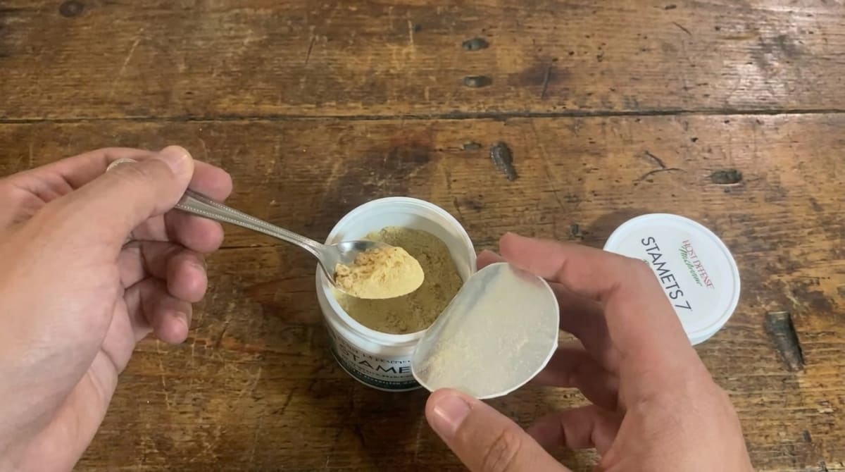 Host Defense Stamets 7 Mushroom Powder package on a kitchen counter