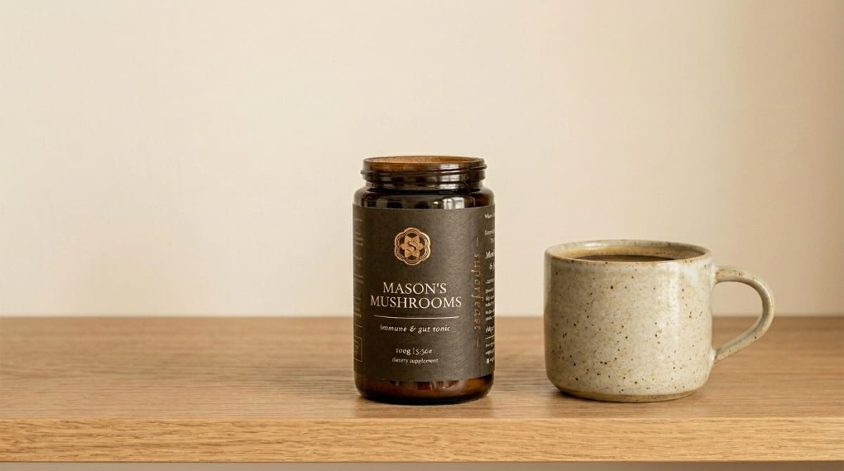 SuperFeast Masons Mushrooms Powder brewed as a morning tonic