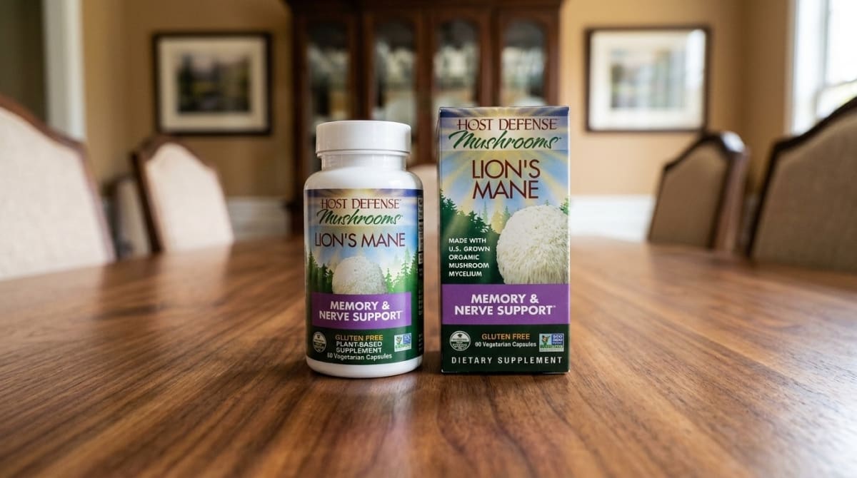 Lifecykel Lion's Mane liquid tincture dropper bottle on an office desk