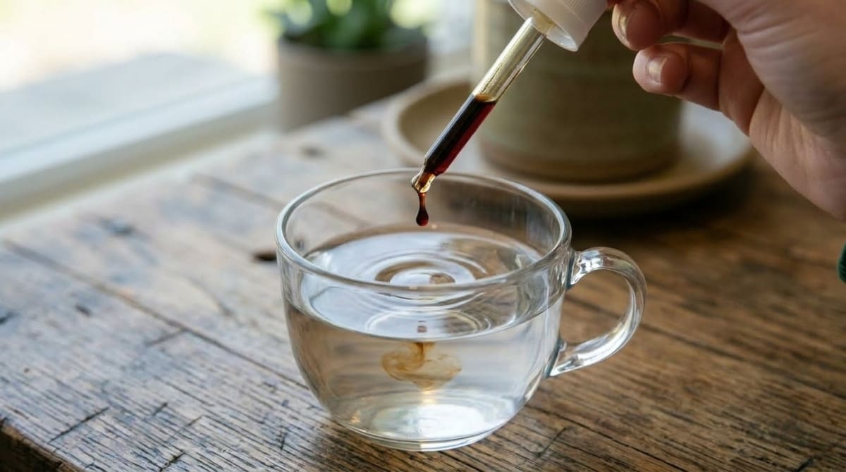 Reishi tincture dropper being held over a glass of water at night