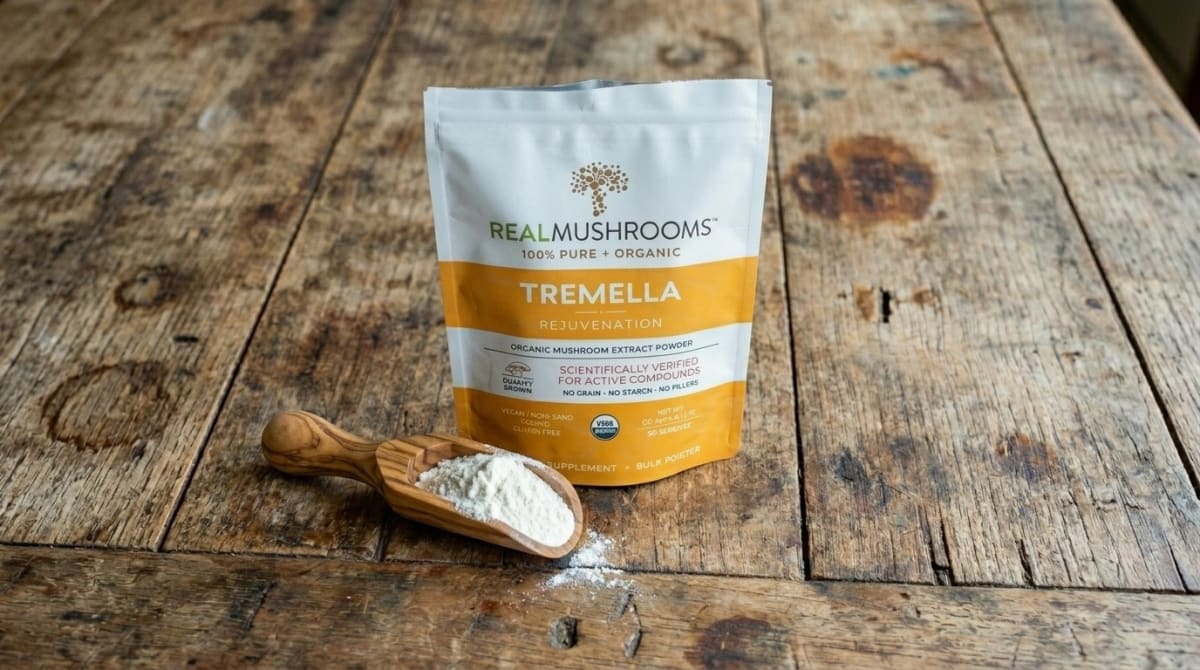 Our top six tremella supplements arranged by ranking on a clean white surface