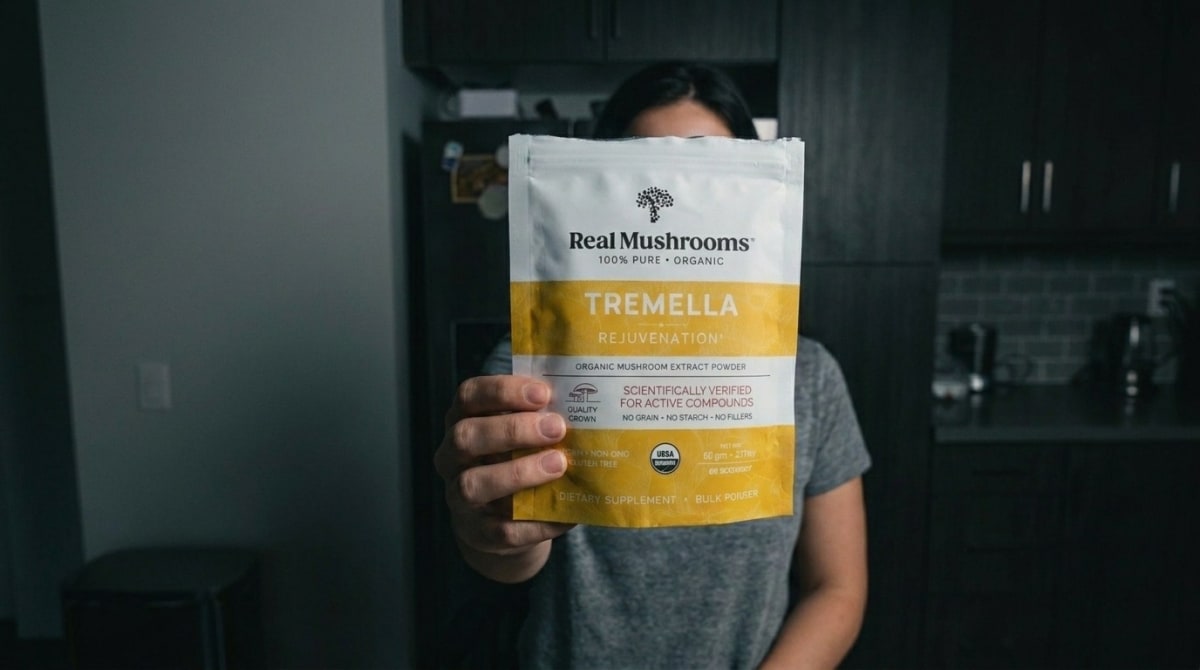 Real Mushrooms Tremella Extract Powder mixed into a morning coffee