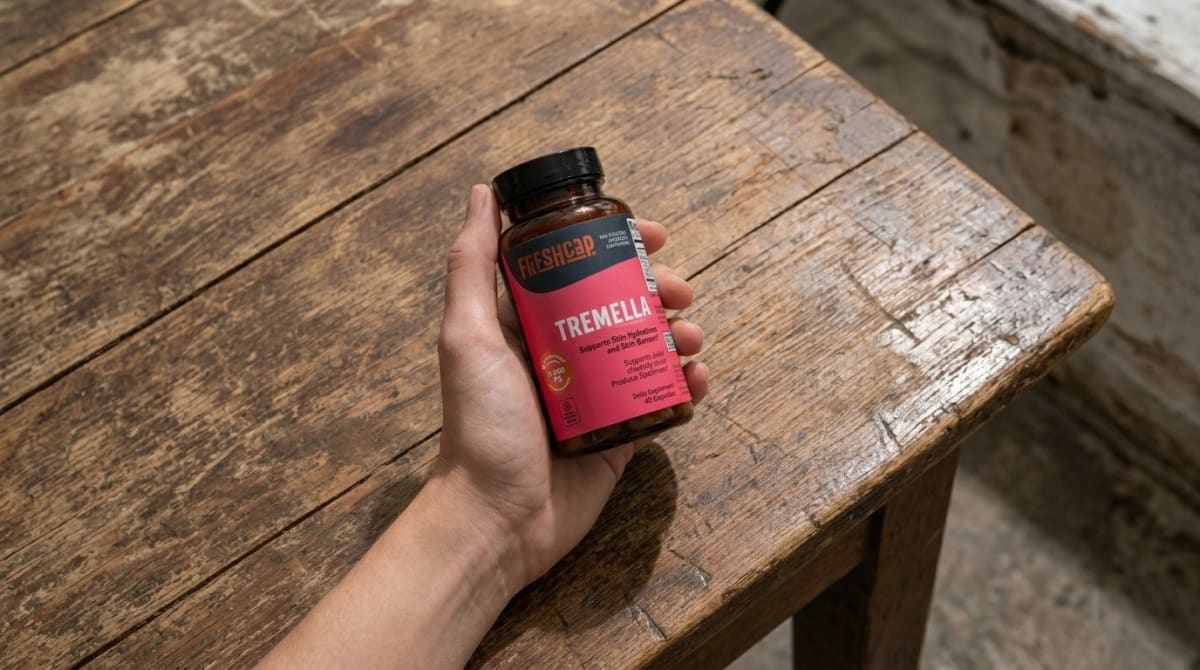 FreshCap Tremella Capsules next to a glass of water