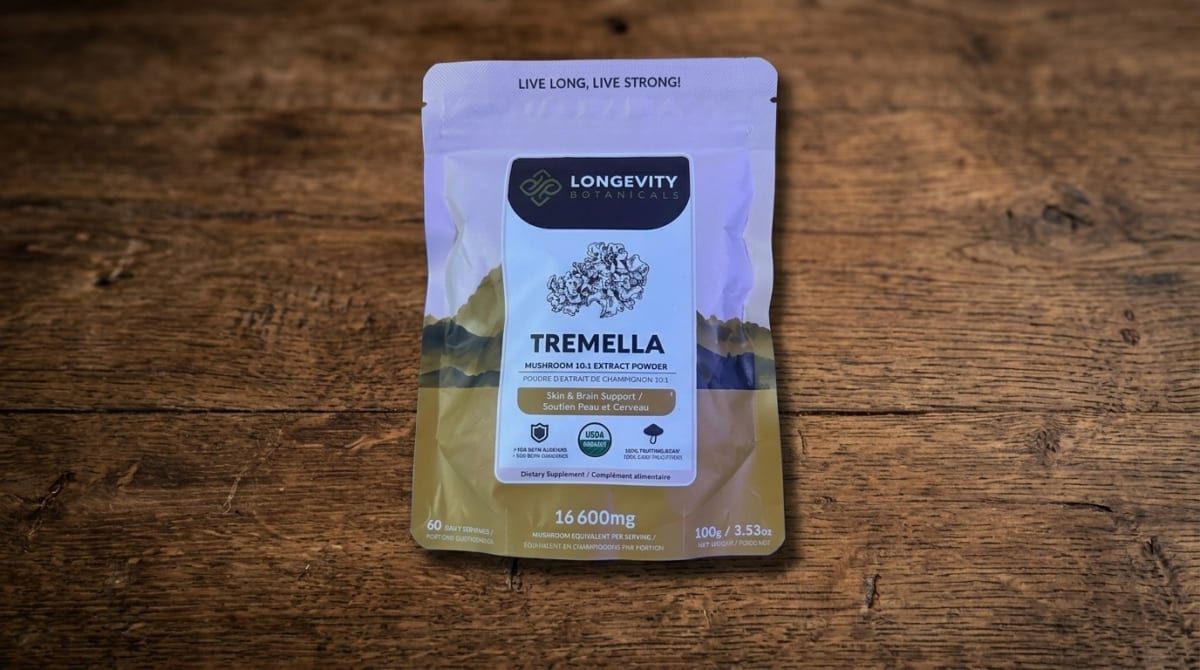 Longevity Botanicals Tremella Mushroom Powder in a large format tub