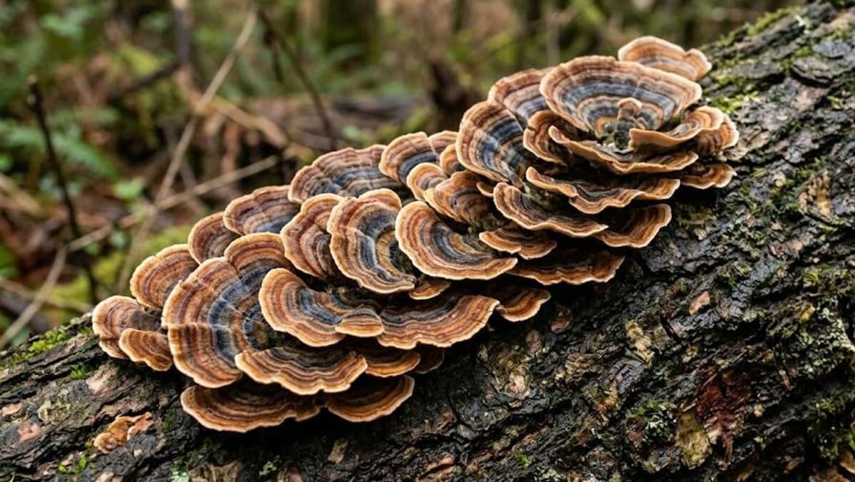 Colorful turkey tail fungi growing on a tree trunk