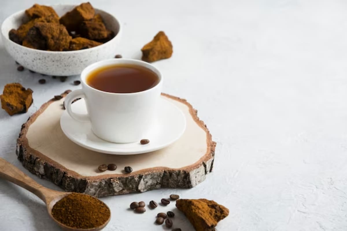 A cup of black chaga coffee with raw chaga mushroom chunks alongside