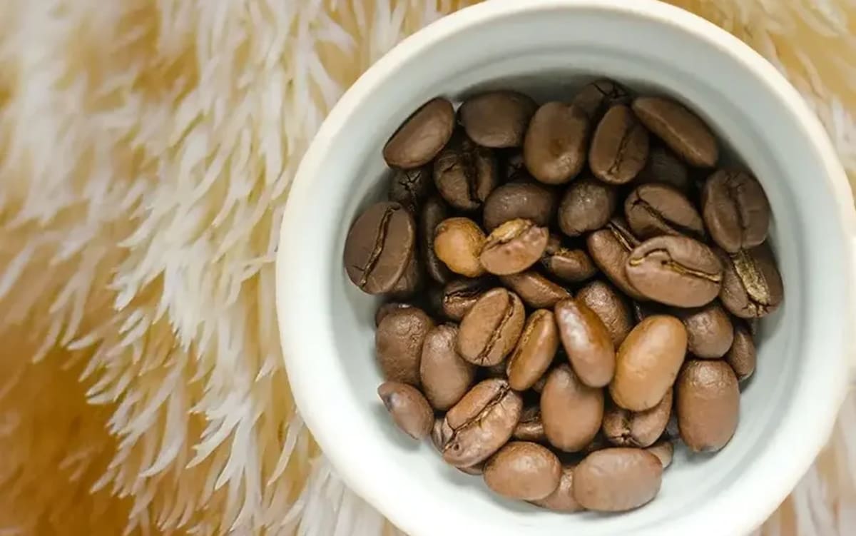 Lion's mane mushroom alongside coffee beans on a wooden surface