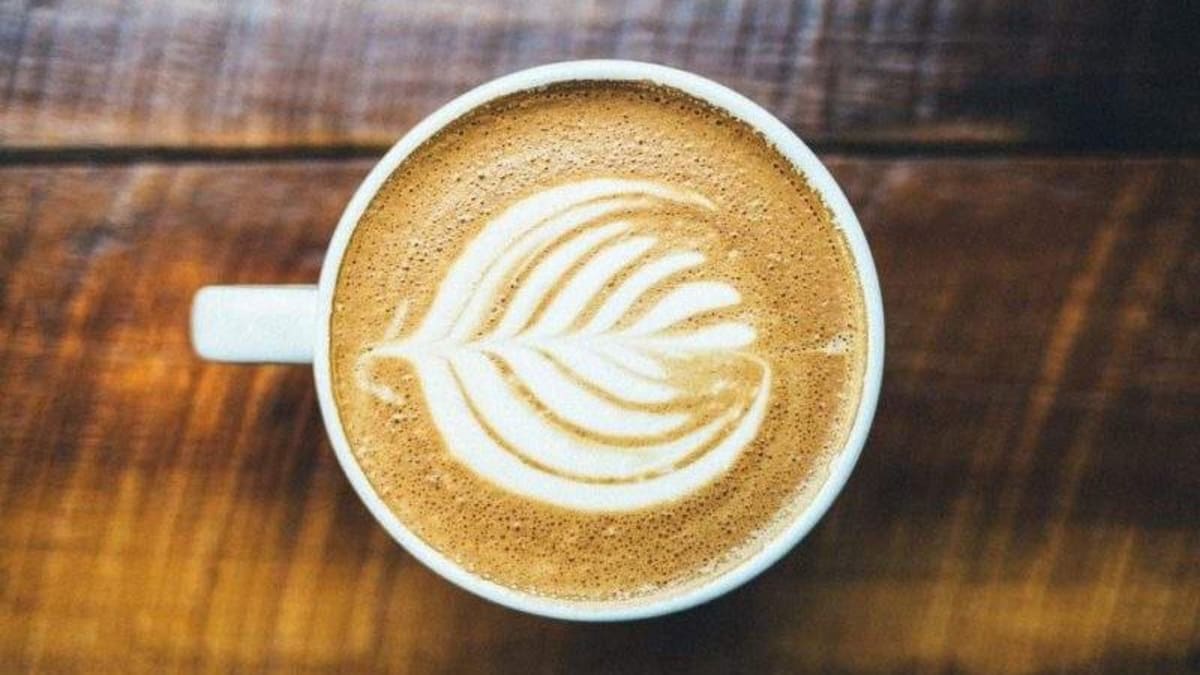 Lion's mane latte in a white ceramic cup with frothy milk surface