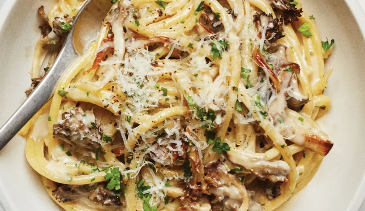 Lion's mane mushroom pasta in a cream sauce with Parmesan and black pepper